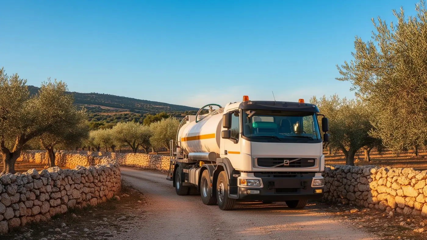 Camión cisterna de Aguas Costa transportando agua por una finca de Mallorca